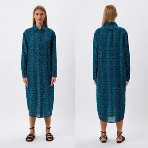 Solid & Striped Small Linen Blend Dress Blue Leopard Print Button Down Collared